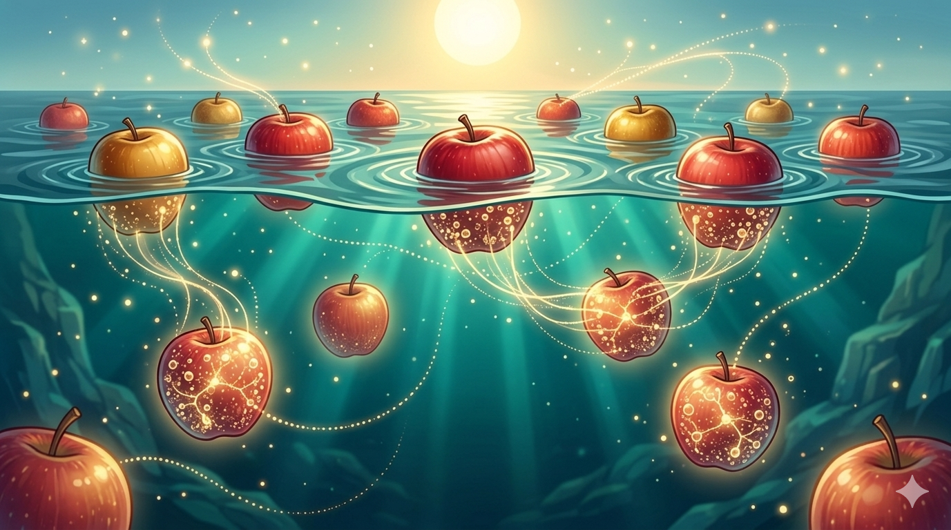 Яблоки плавают, потому что на 25% состоят из воздуха