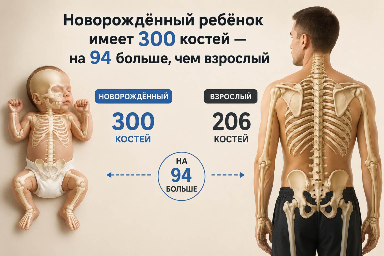 Новорождённый ребёнок имеет 300 костей — на 94 больше, чем взрослый